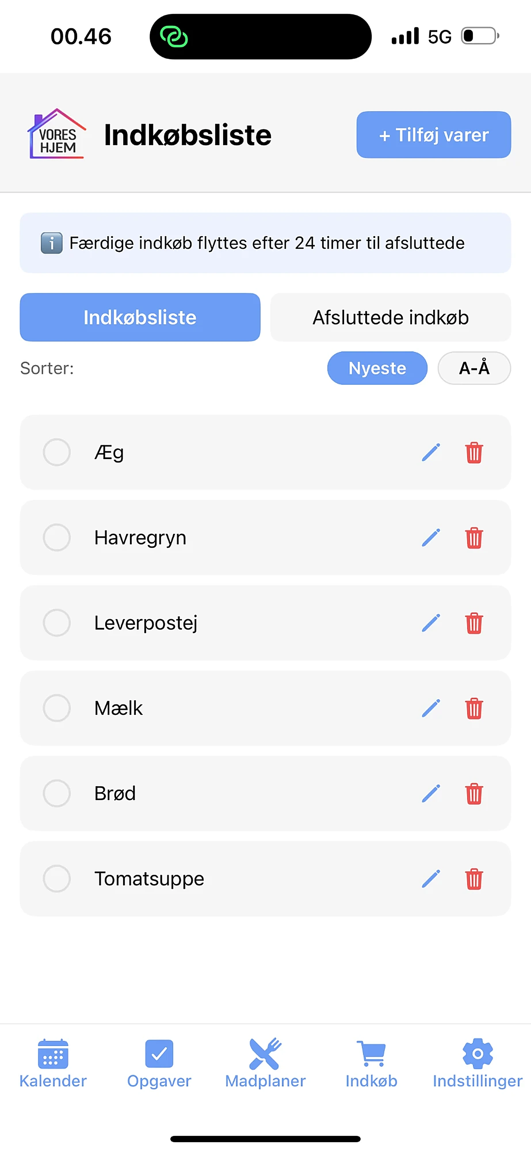 Tilføj varer til indkøbslisten