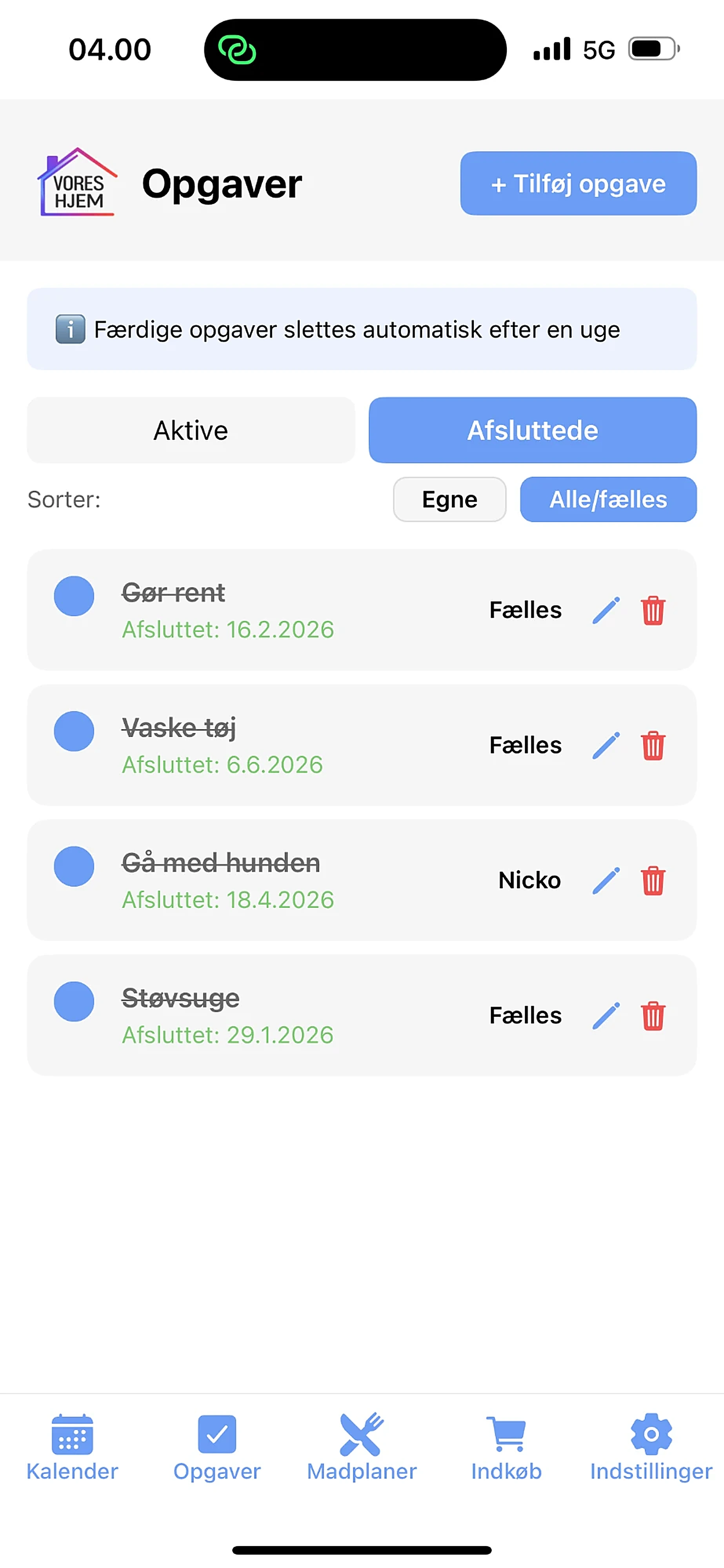 Afsluttede opgaver